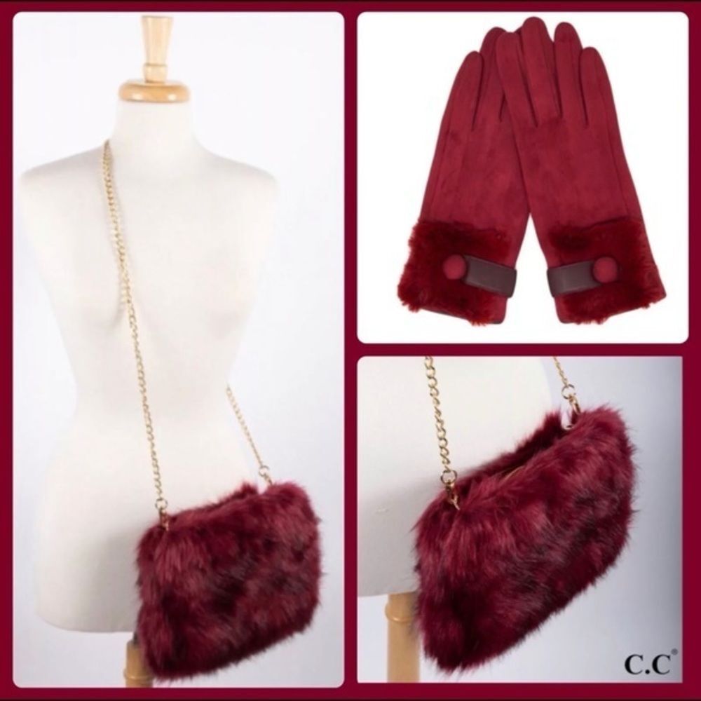 SALE ❗️‎ Burgundy Faux Fur Cross Body W/ Smart Gloves